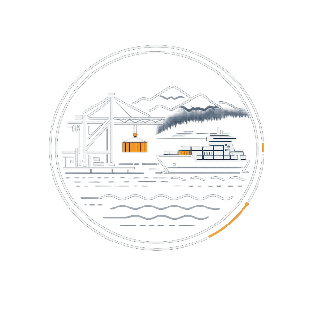 Line illustration of a container ship and gantry crane at the Port of Vancouver, framed in a circle.