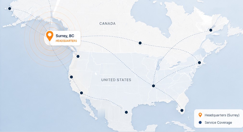 Map showing RRA's Surrey, BC headquarters connected to freight lanes across Canada and the United States.