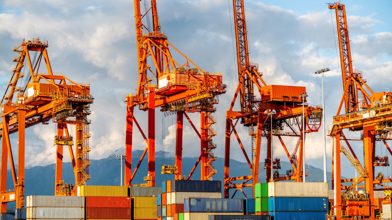 Container gantry cranes at a deep-water port terminal.