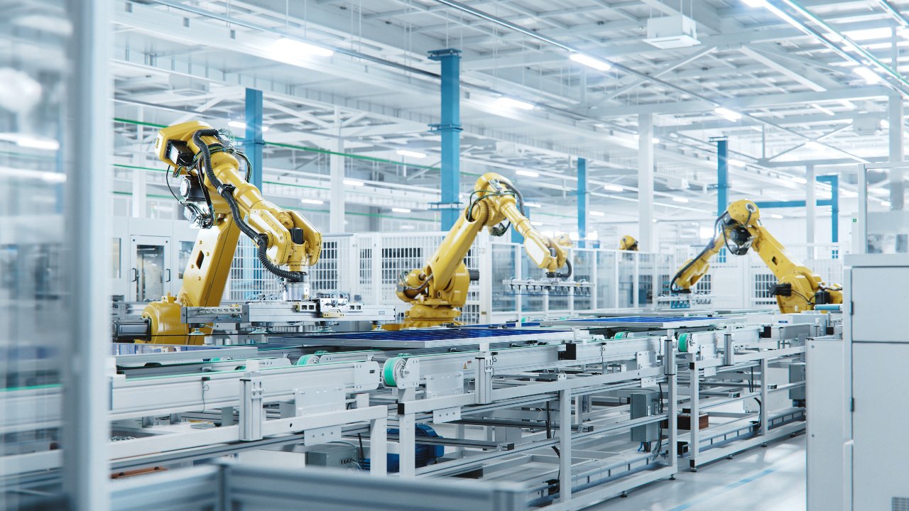 Automated robotic assembly line in a modern manufacturing facility